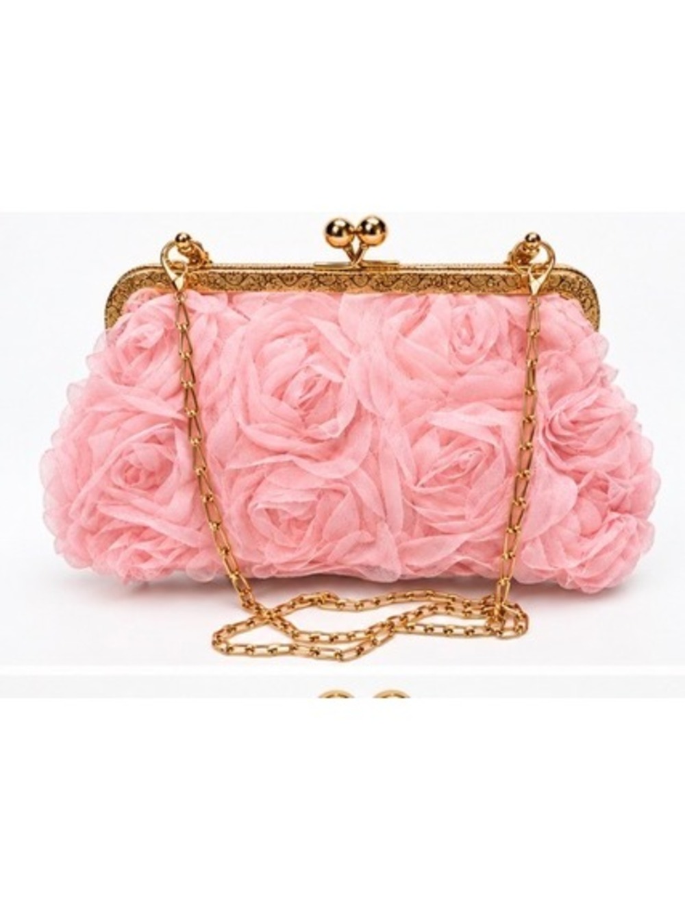 Elegant Pink Floral Rosette Clutch Purse with Gold Chain and Frame